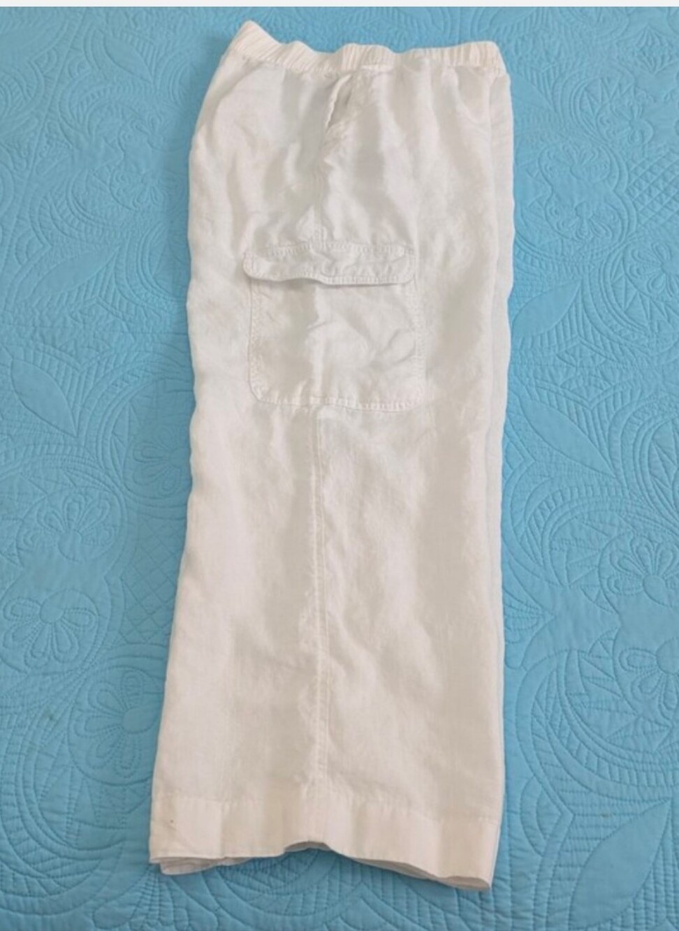 C&C California White Linen Baggy pull-on Wide Leg Cargo Pants 2 snap pockets - Picture 2 of 13